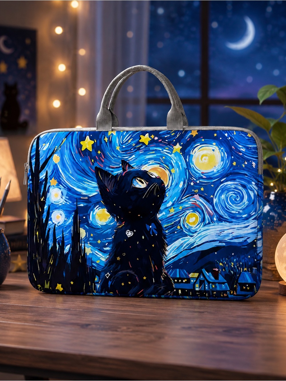 NWT Starry Night Black Cat 14” Laptop Sleeve Carrying Case Bag